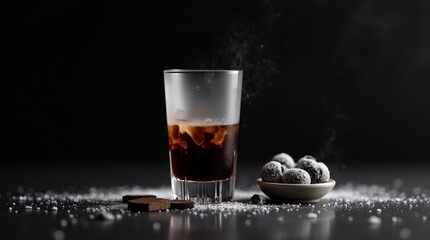 Salmiakki koskenkorva served with chocolate and licorice treats in Finland