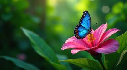 Fototapeta premium A Vibrant Blue Morpho Butterfly Gently Descends Upon a Delicate Pink Blossom in a Lush Garden Setting