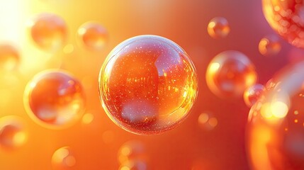 Vibrant orange bubbles floating against a warm, glowing background with soft light effects