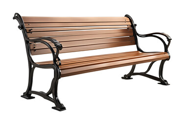 A sturdy wooden park bench with metal armrests, isolated on a empty plain background
