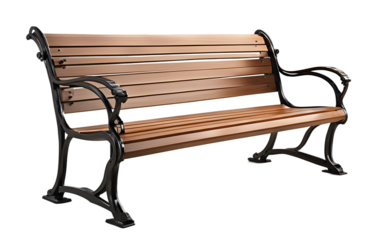 A sturdy wooden park bench with metal armrests, isolated on a empty plain background