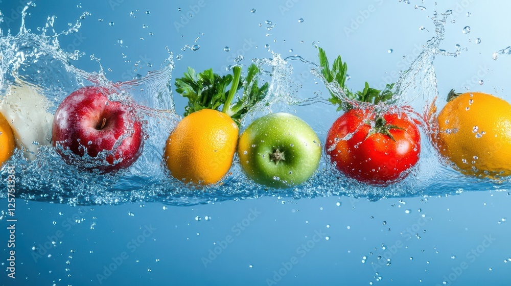 Poster Group of assorted fruits splashing into clear water creating dynamic motion and fresh background