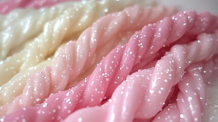 Close-up of colorful twisted candy strands with sparkling sugar, showcasing a sweet treat display
