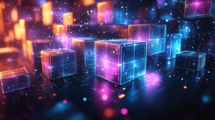 Glowing data cubes rising in digital city, tech background