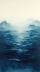 Serene blue ocean landscape with misty mountains in the background, evoking calmness and tranquility