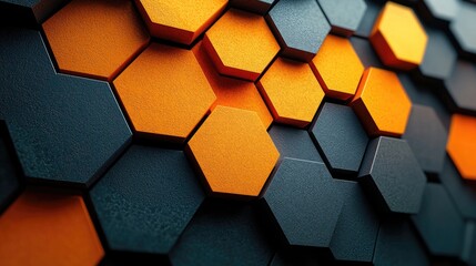 Close-up view of interlocking hexagonal shapes in vibrant orange and dark textures, showcasing modern design