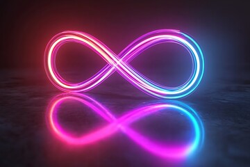 3D render an infinity symbol in neon light, looping in the ultraviolet spectrum with pink, blue, and violet glowing lines, representing concepts endless energy and quantum dynamics.