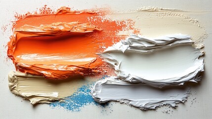 Vibrant strokes of orange, white, and beige paint on a canvas, showcasing artistic expression