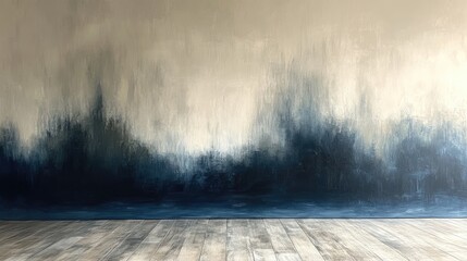 Abstract wall painting with gradient shades of blue and beige, creating a serene backdrop