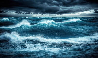 Stormy ocean waves under dark clouds; dramatic seascape for weather news