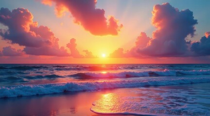 Obraz premium Serene Ocean Sunset Vibrant Hues of Pink and Orange Paint the Sky as Gentle Waves Lap the Shore