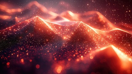 Vibrant abstract landscape of glowing mountains with shimmering particles in a cosmic setting
