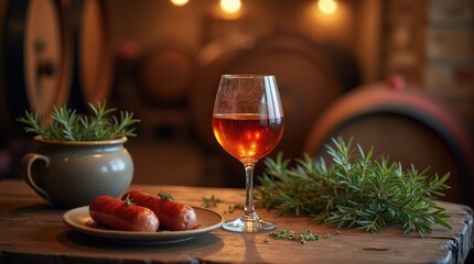Naklejka premium Traditional Hungarian unicum liqueur in a rustic wine cellar setting