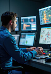 Man Monitoring Nuclear Power Plant Operations in Control Room, Concept
