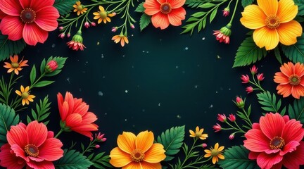 Obraz premium Vibrant Floral Frame A Dark Background Showcases a Colorful Arrangement of Blossoms, Forming a Decorative Border Perfect for Invitations, Announcements, or Elegant Designs.