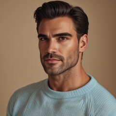 Fototapeta premium Portrait Of A Handsome Man With Short Dark Hair Wearing A Light Blue Sweater Against A Neutral Background with A Pleasant Expression. The Portrait Captures A Sophisticated And Attractive Male