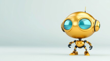 A gold robot with blue eyes standing in front of a white background