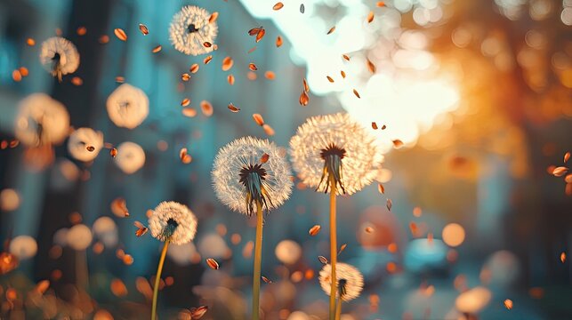 A soft-focus close-up of dandelions with seeds floating away in a gentle breeze.