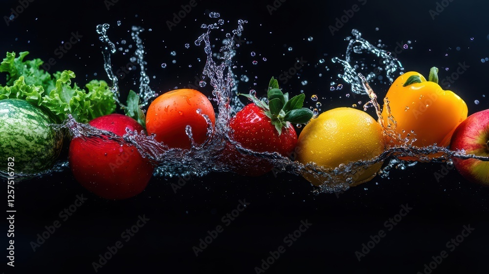 Aufkleber Fresh vegetables splashing into clear water creating dynamic ripples and droplets