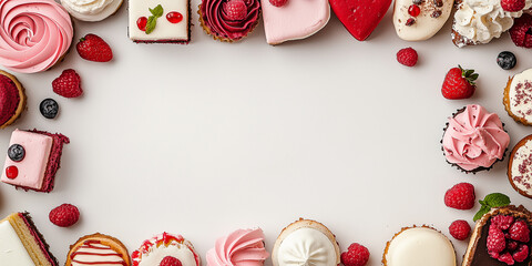 Draufsicht auf einen Rahmen mit Sahnet&ouml;rtchen - Sahnetorte Kuchen und mit Platz f&uuml;r Text in der Mitte - Werbeschild