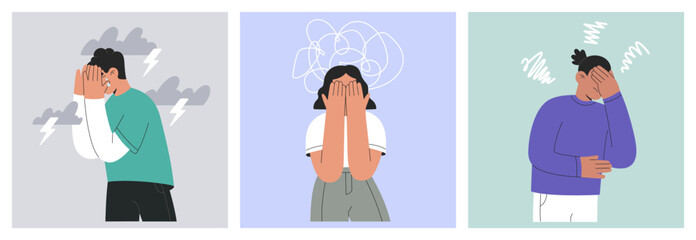 Depressed people set. Tangled thoughts, confusion in mind and OCD concept. Stressed young characters suffering from ADHD, anxiety, headache and migraine. Flat vector illustrations isolated background