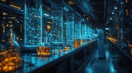 Futuristic lab, scientists explore glowing data streams.