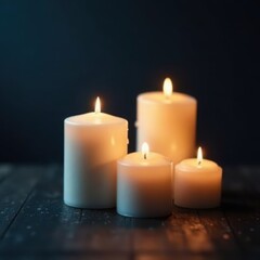 Soft glow of white candles and fairy lights on dark wood , table, candles