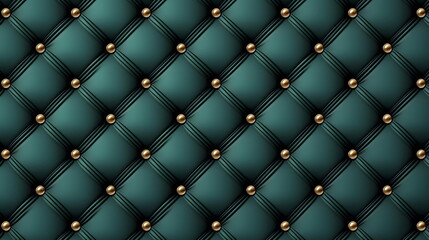 Textured green wall covering with golden buttons arranged in a diamond pattern creating a luxurious appearance indoors.