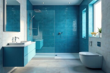Modern Teal Bathroom Design with Walk-in Shower and Floating Vanity