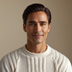 Obraz premium Portrait of a Smiling Young Man in a Sweater Against a Neutral Background in a Studio Setting