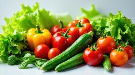 A vibrant assortment of fresh garden vegetables, including juicy red tomatoes, crisp green zucchini, sweet bell peppers, and tender lettuce leaves, creates a colorful and healthy display.