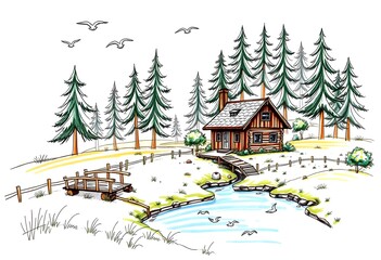 Obraz premium Hand Drawn Colorful Sketch of a Peaceful Countryside with Cottage & River Classic Storybook Art