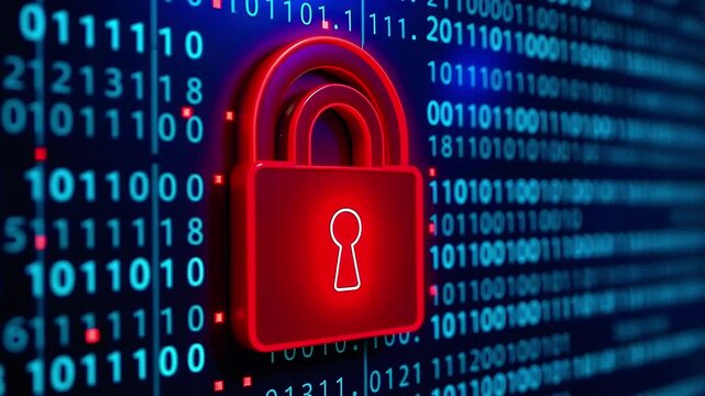 Digital security concept featuring a glowing red padlock against a backdrop of binary code