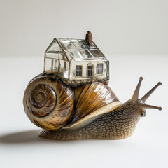 creative concept of a snail with a miniature glass house on its shell - unique and whimsical art piece combining nature and architecture