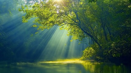 Obraz premium Sunbeams Illuminate Lush Riverbank Forest