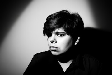 Dramatic Black and White Portrait of Thoughtful Young Person in Shadows