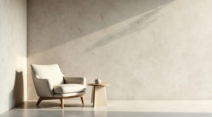 Serene Minimalist Interior Design Featuring a Light Beige Armchair and Small Wooden Side Table Against a Neutral Textured Wall, Bathed in Soft Sunlight