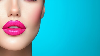  a close up of a woman's face with bright pink lipstick