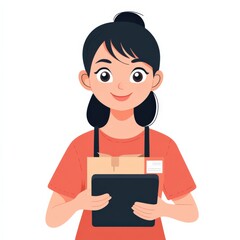 cartoon woman delivering package with tablet