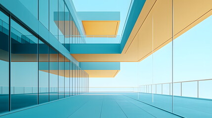 Obraz premium Modern architecture with glass walls, orange accents, and a minimaic outdoor space under a clear blue sky.