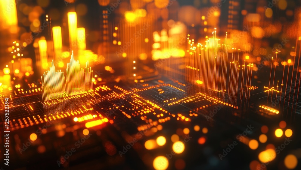 Poster abstract city on circuit board, glowing data, futuristic background