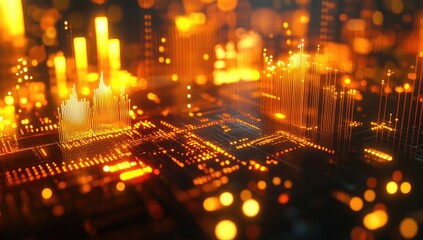 Abstract city on circuit board, glowing data, futuristic background