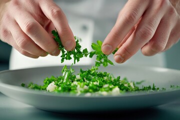 chopped parsley being added to a bowl