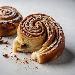 Fototapeta premium A sliced cinnamon roll showing its rich filling, placed on a clean white surface.
