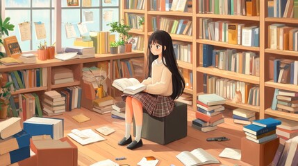 Young Woman Reads Book in a Sunlit Room Surrounded by Bookshelves Filled with Literature and Cozy Atmosphere