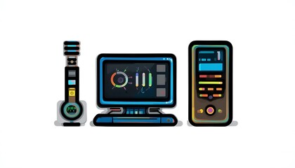 Retro Computer Setup with Stylish Headphones and Tower