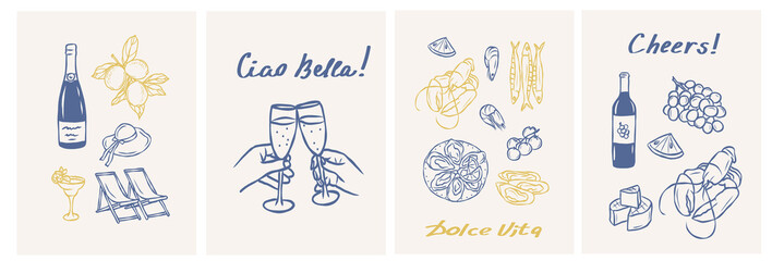 Hand drawn whimsical wine and seafood cards