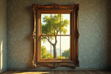 Ornate Golden Frame Encapsulating a Serene Treetop View Through an Antique Window Pane in a Room with Subtle Floral Wallpaper