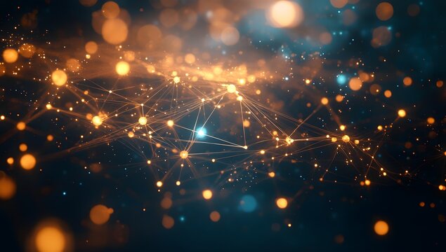 Abstract network connections, digital particles, gold & blue bokeh background - Powered by Adobe
