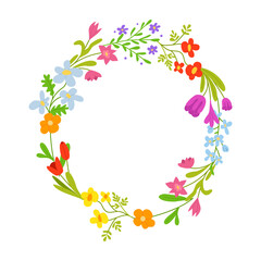 Floral wreath with summer or spring flowers isolated on white Background. Circular shape frame. Clip art. Vector  handdrawn design Illustration.